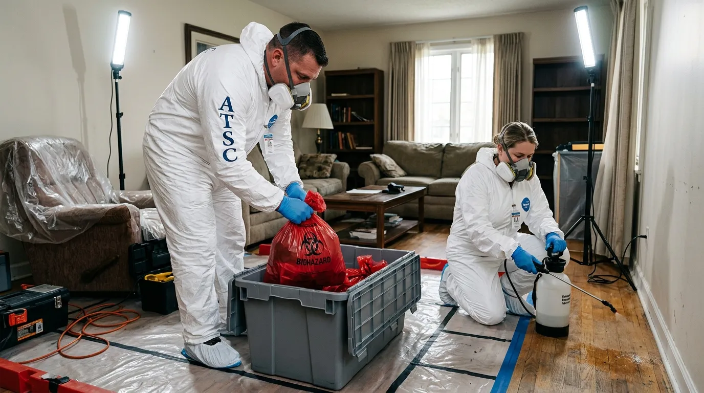 Professional Biohazard Cleanup technician in full PPE working in North Hills